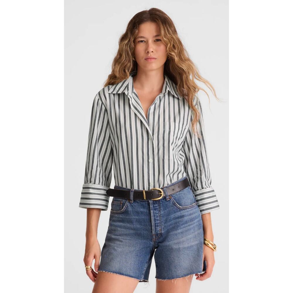 Madewell | NWT Easy Y-Neck Button-Up Shirt in plain cotton tencel stripe | Sz S